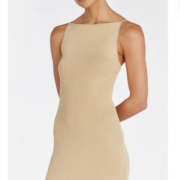 BEST DISSH Taylor Knit Midi Dress Sand Tan Beige Stretch Cocktail Causal Vacatio - Picture 3 of 11